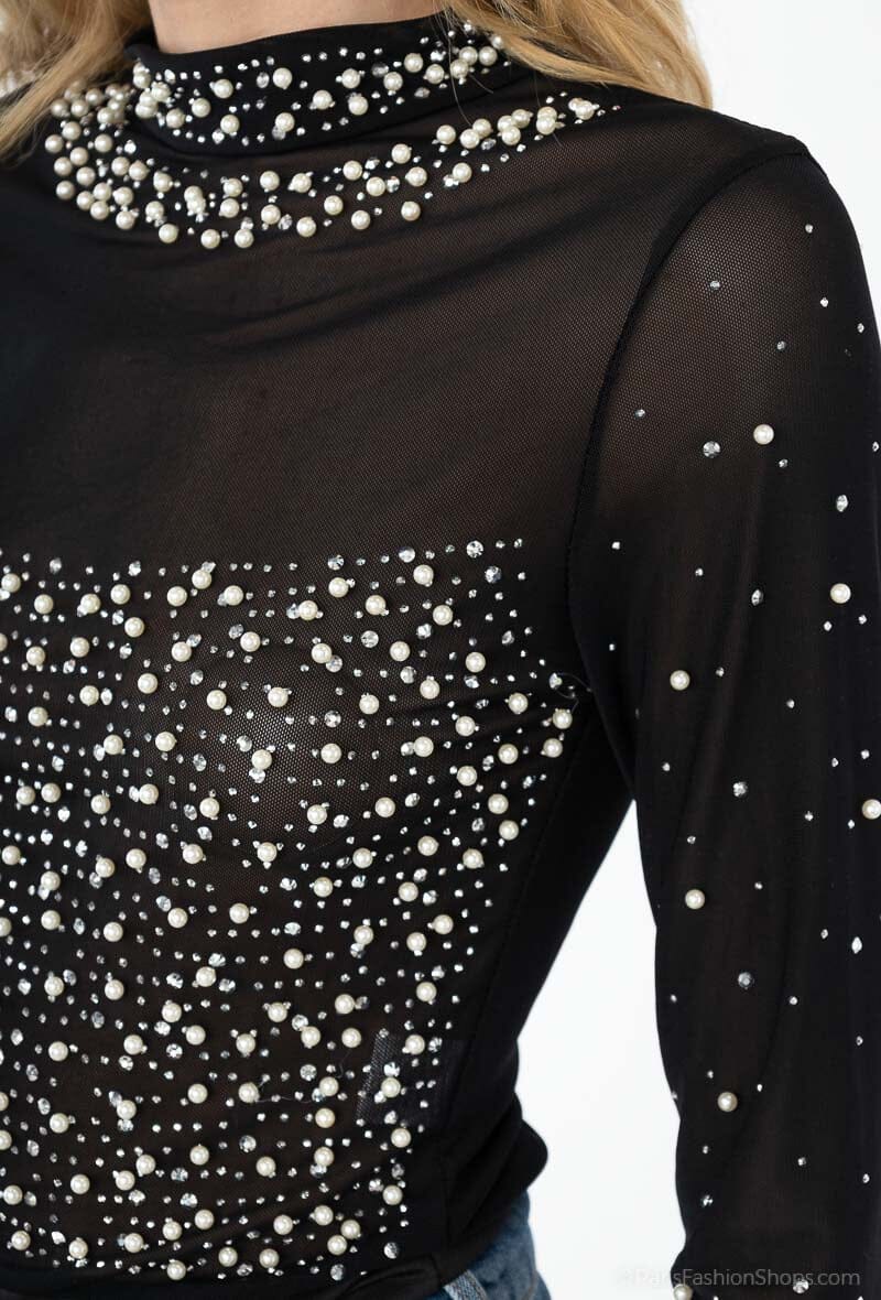 A-bee - Beaded Rhinestone Bodysuits J28393 - Black Bluser 