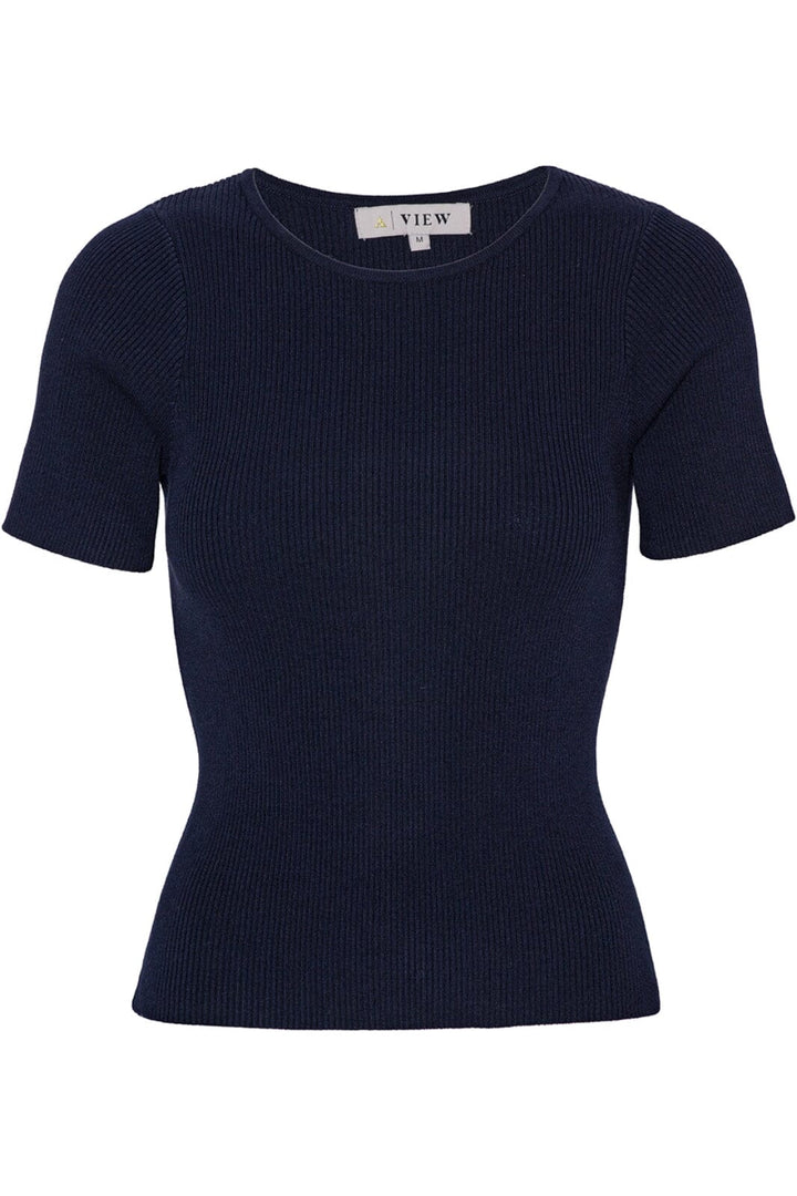 A-View - Rib Knit Short Sleeve Top - 699 Navy Strikbluser 