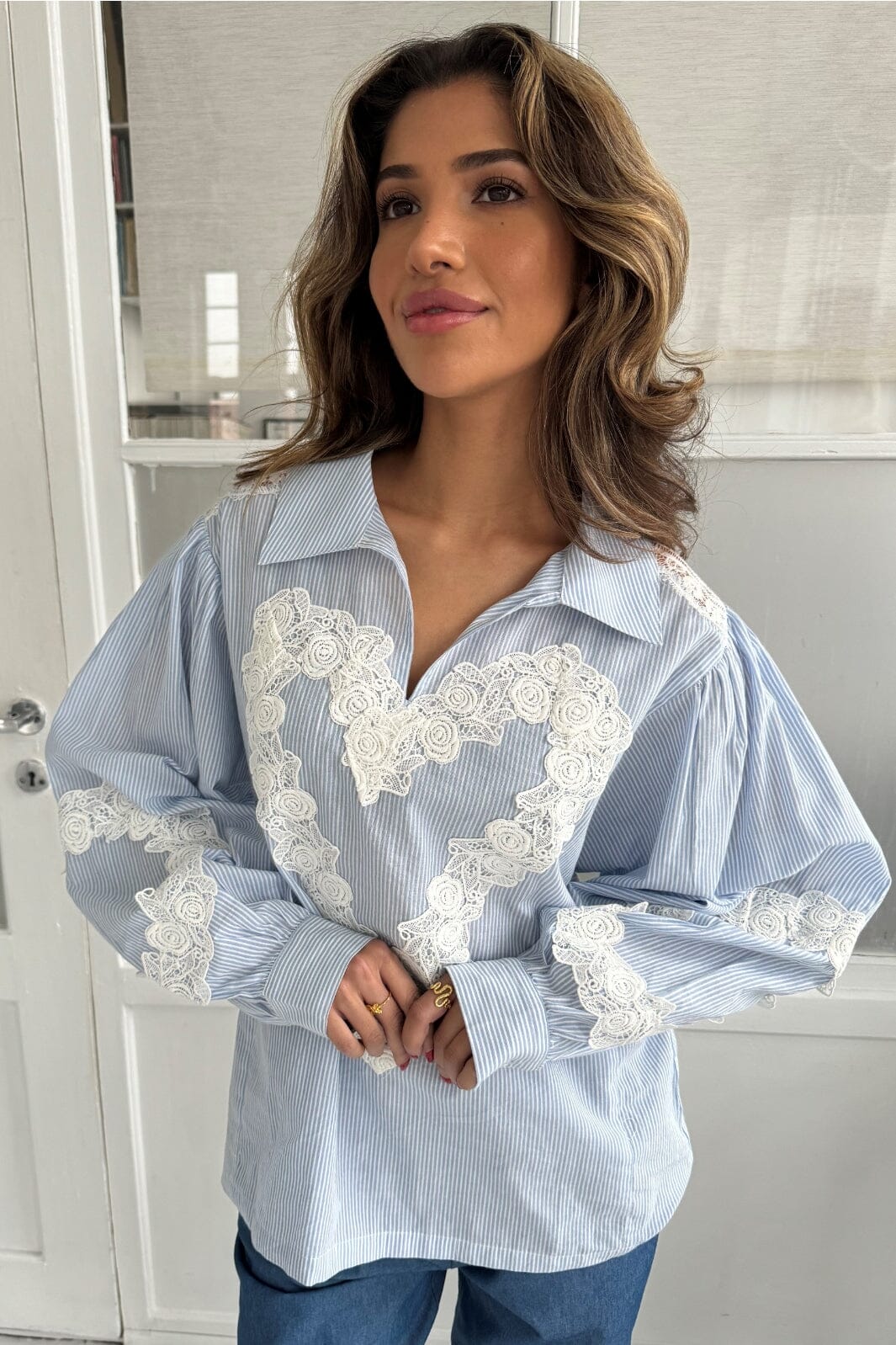 Continue - Dagny Shirt 14787 - Blue Stripe Lace Heart