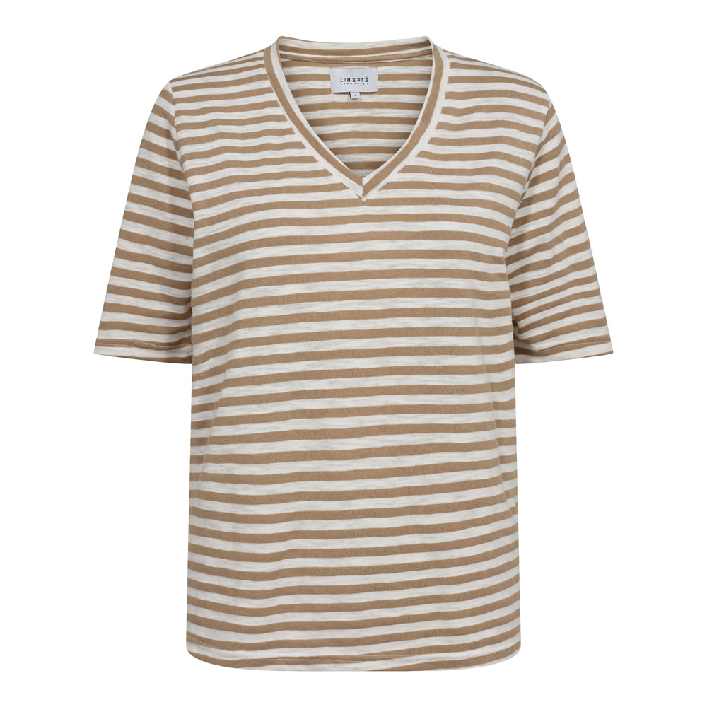 Forudbestilling - Liberte - Ulla-Ss-Vneck-Stripe-Tshirt - Light Brown White Stripe T-shirts 