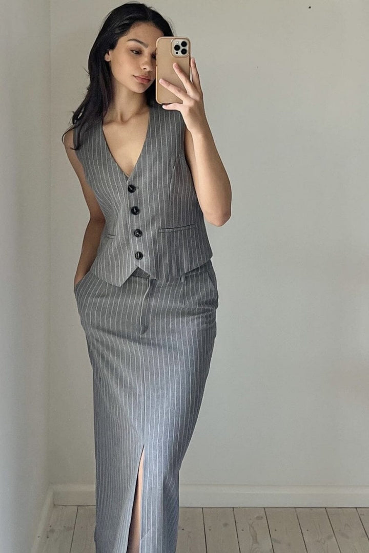 Forudbestilling - Neo Noir - Leland Pinstripe Skirt - Grey Melange Nederdele 