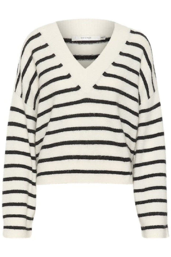 Gestuz - Alphagz V-Neck Striped - 106145 Ivory Black Striped Strikbluser 