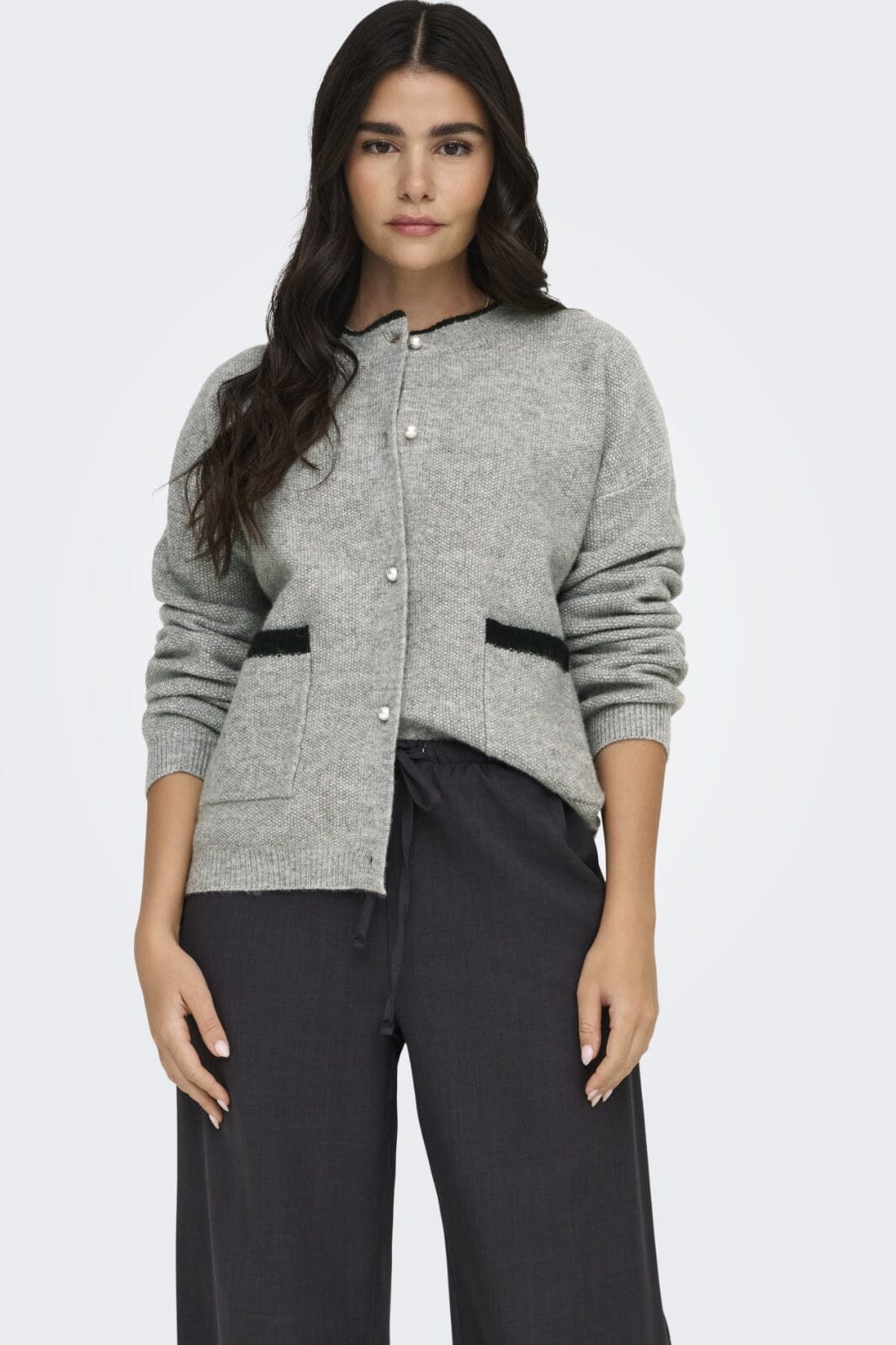 JDY - Jdylumi Life L/S O-Neck Cardigan Knt 15335456 - 4622603 - Medium Grey Melange Black Contrast Edges