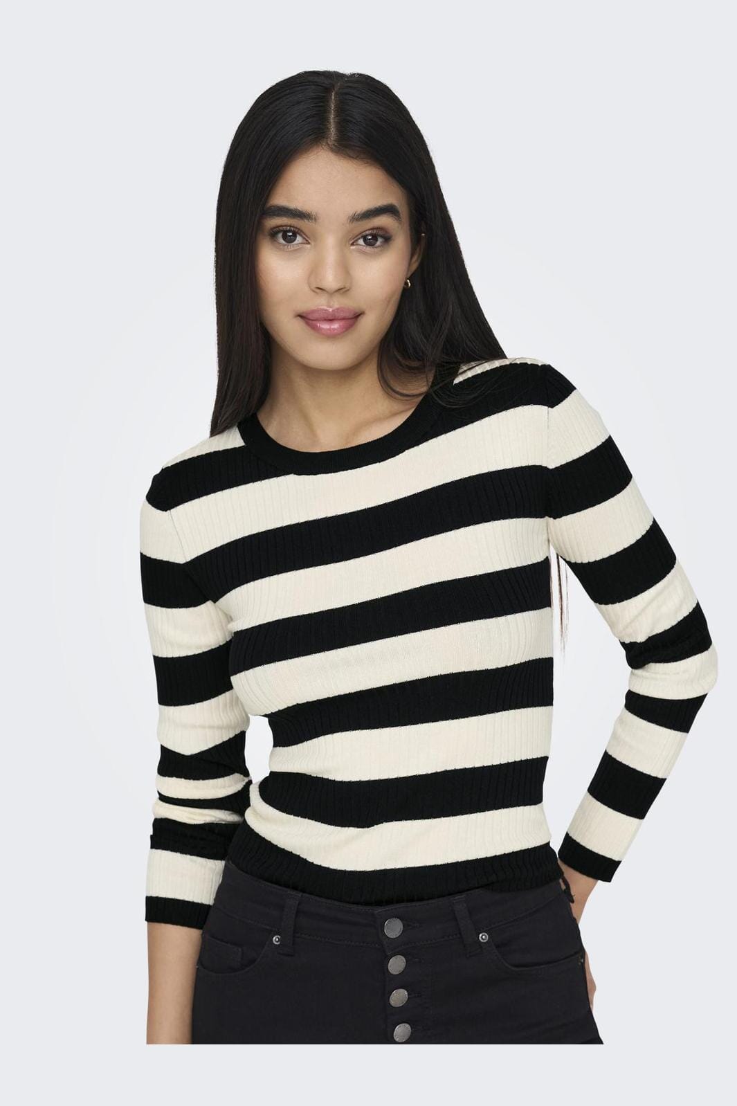 Jdy - Jdyplum L/S O-Neck Pullover Knt - 4149549 Black W Eggnog Stripes