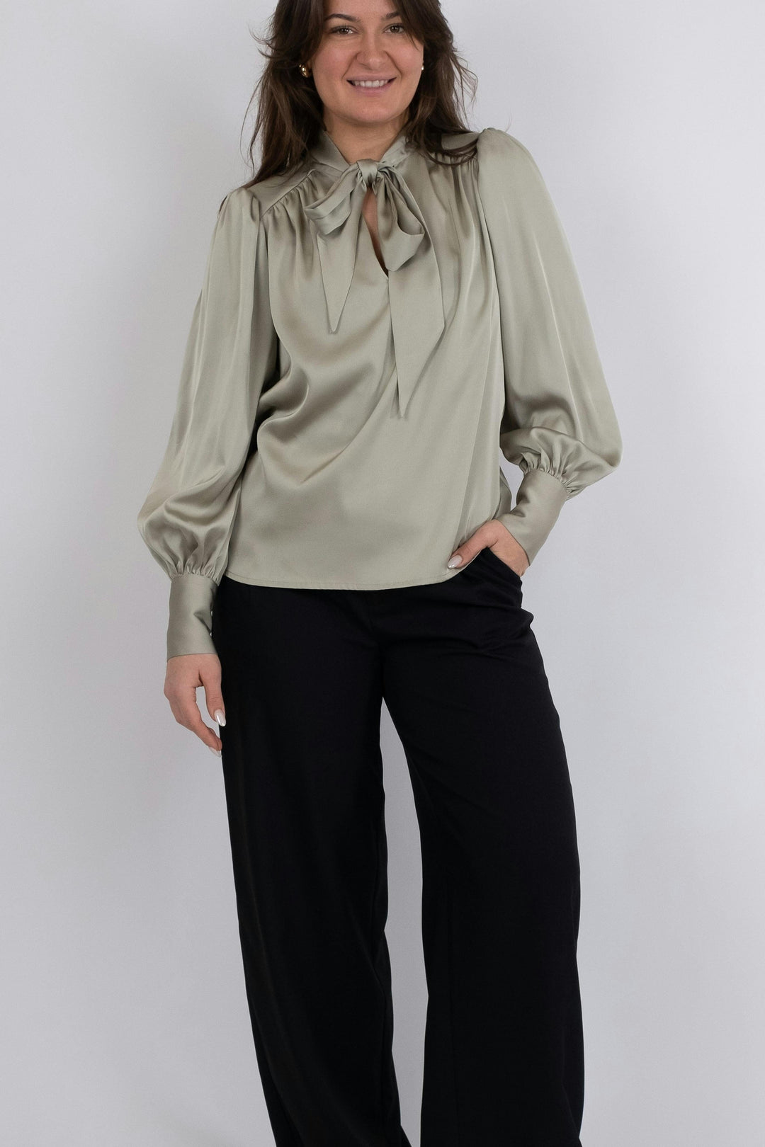 Neo Noir - Jaz Bow Blouse - Smoke Green