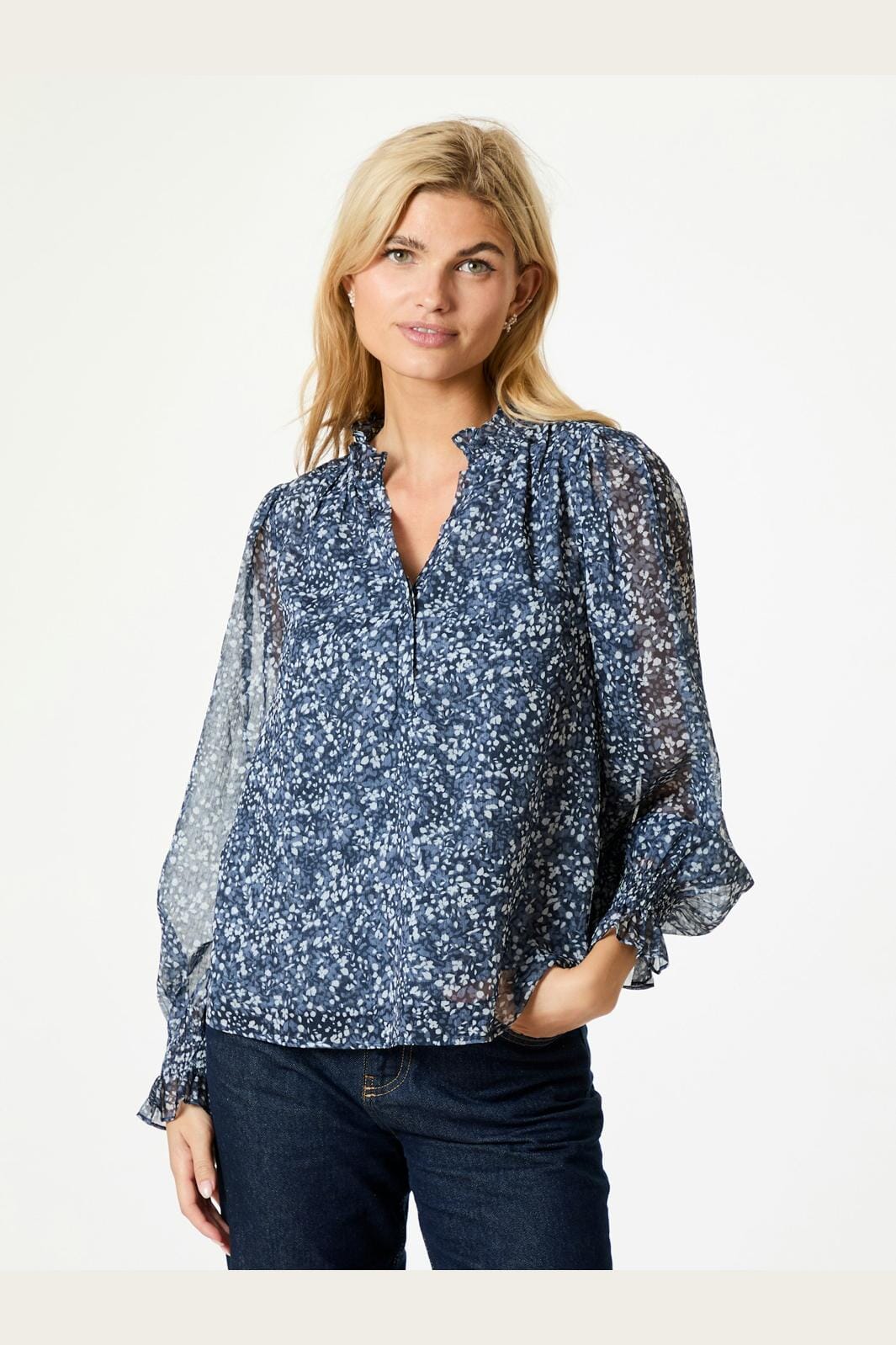 Neo Noir - Leia Flower Graphic Blouse - Navy