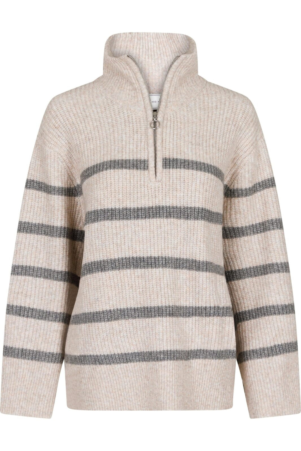 Neo Noir - Nevena Stripe Knit Blouse - Sand/Grey Strikbluser 