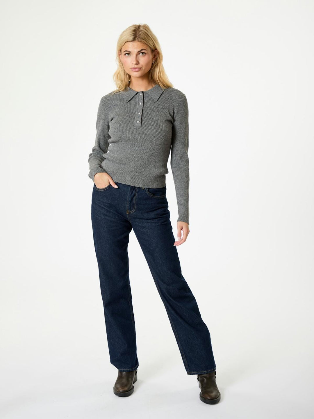 Neo Noir - Panama Knit Blouse - Dark Grey Melange Strikbluser 