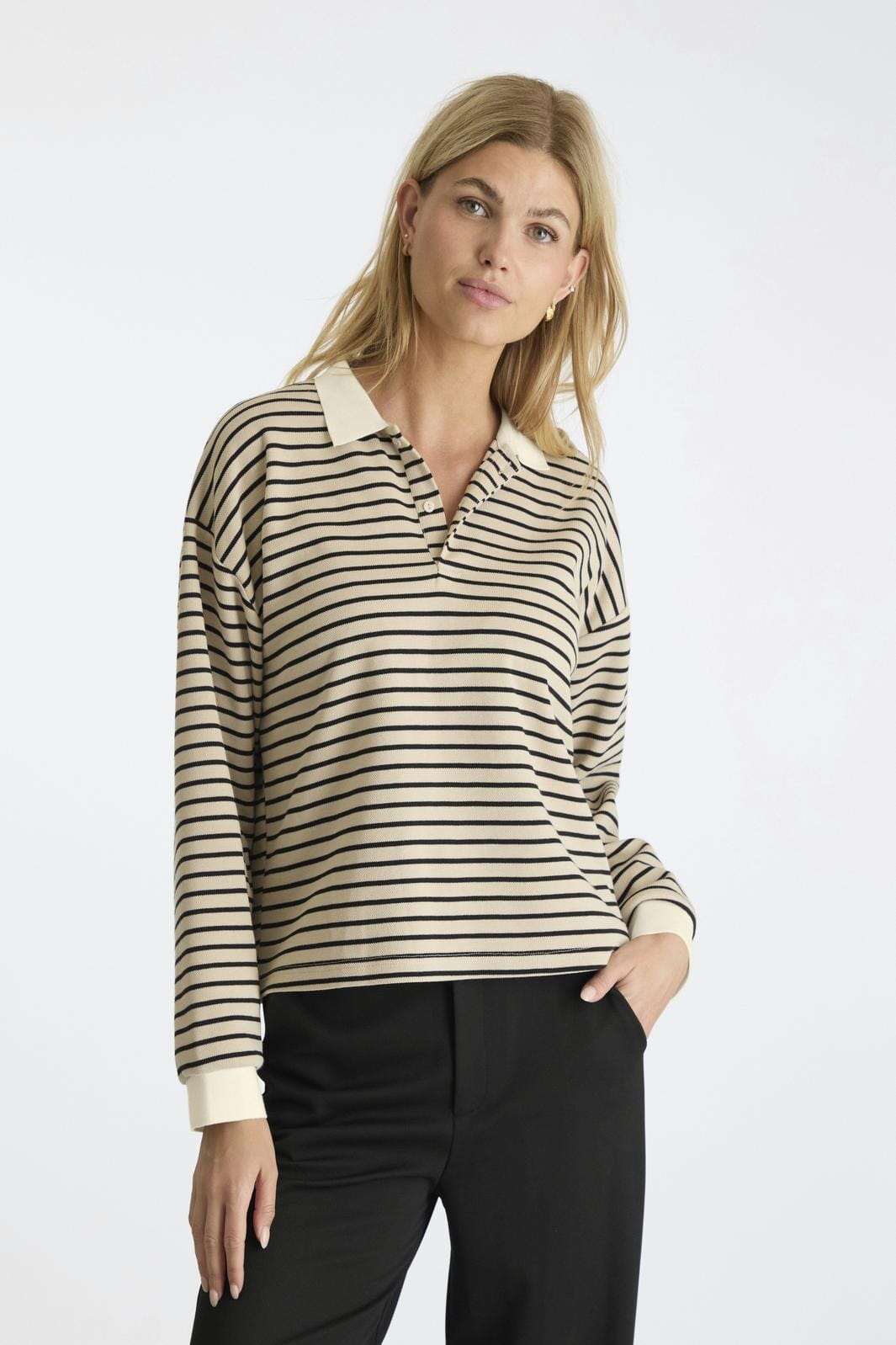 Neo Noir - Sara Stripe Polo Blouse - Sand