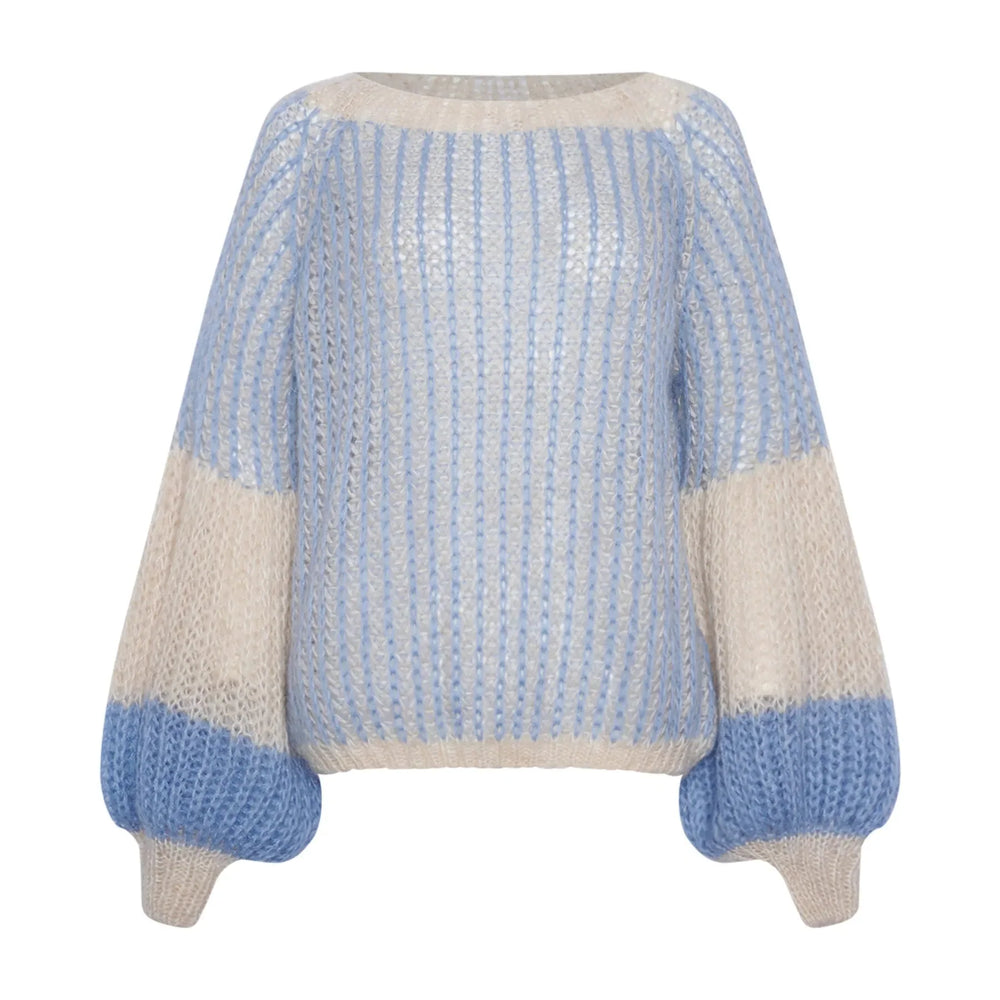 Noella - Liana Knit Sweater - 1036 Dusty Blue Cream Strikbluser 