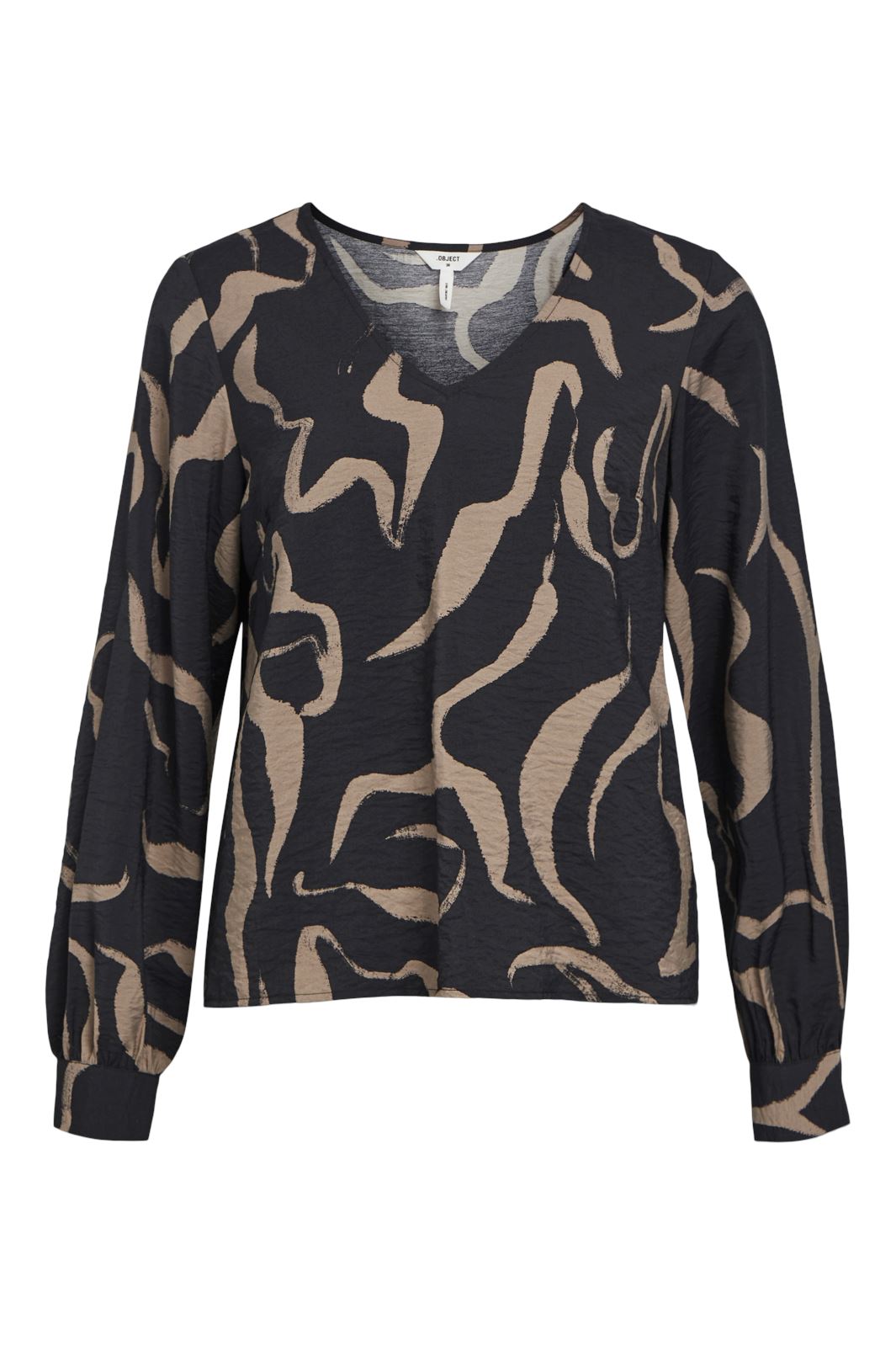 Object - Objjacira L/S V-Neck Top - 4637839 Black Desert Taupe Abstract Flower Col