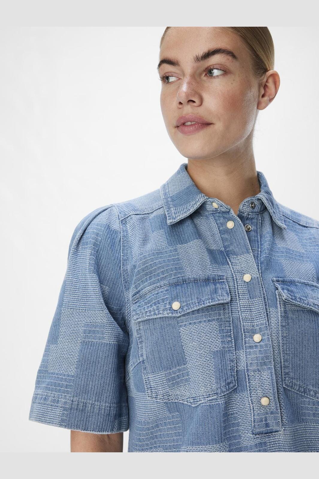 Object - Objylva 2/4 Re Shirt Dress 134 - 4565175 Light Blue Denim Squares