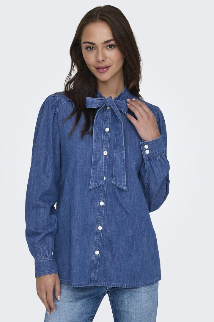 Only - Onlakira Ls Bow Shirt Qyt - 4658421 Medium Blue Denim Skjorter 