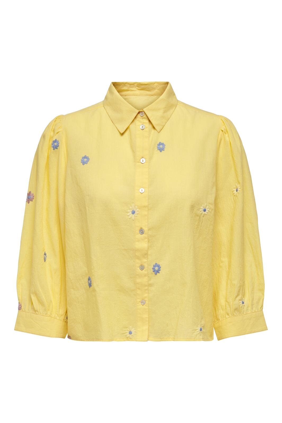 Only - Onlcandy 34 Cropped Shirt - 3990607 Bright White Emb Cashmere Blue / Creme Gold