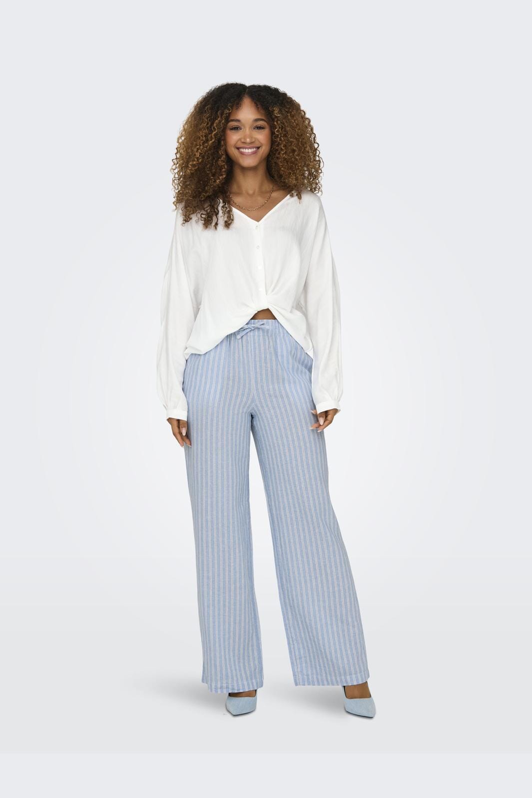 Only - Onlcaro Linen Bl Pull-Up Pant Cc - 4458159 Blissful Blue Cloud Dancer