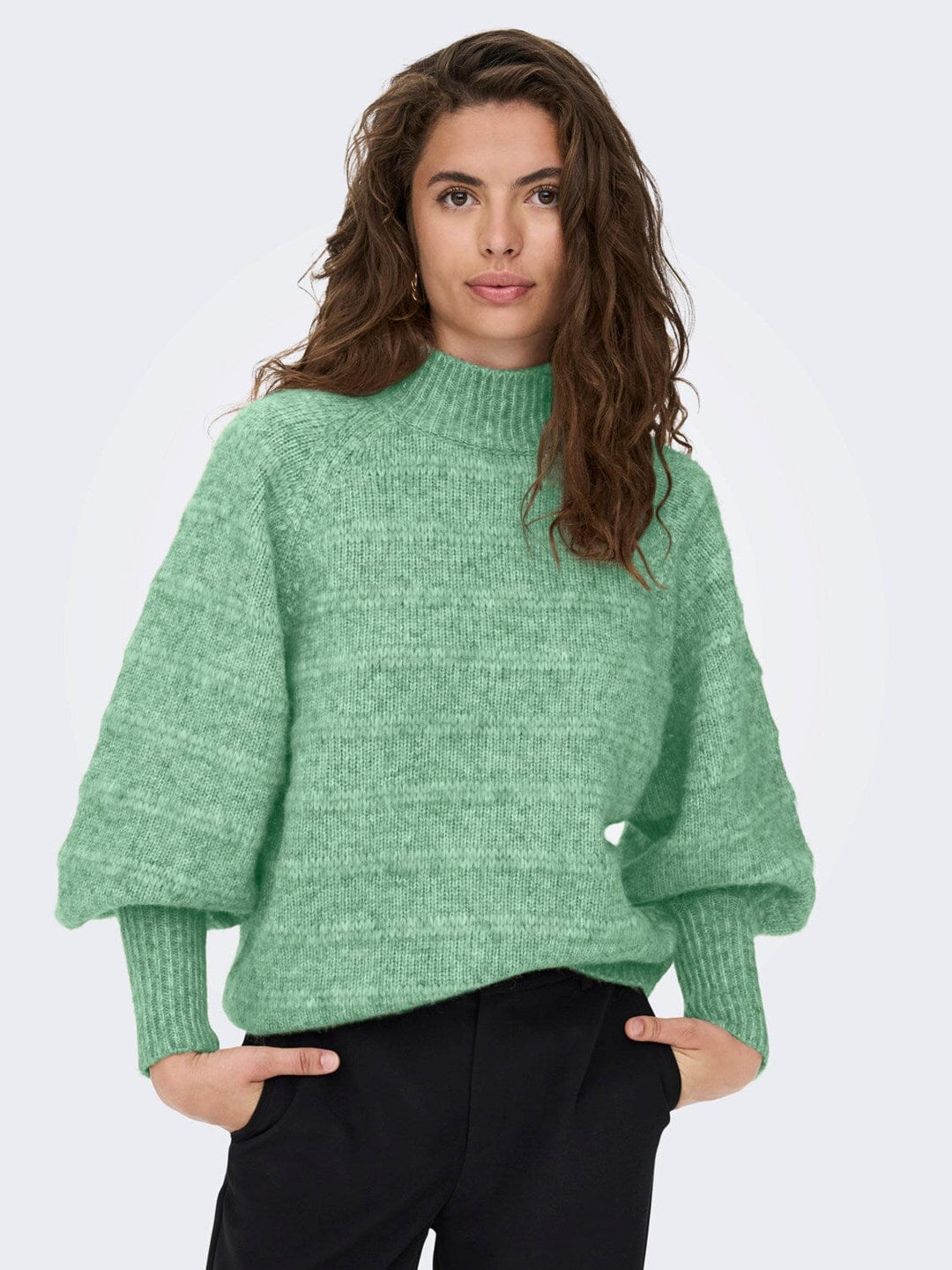 Only - Onlcelina Ls High Pullover Knt - 3970200 Green Bee W. Melange Strikbluser 