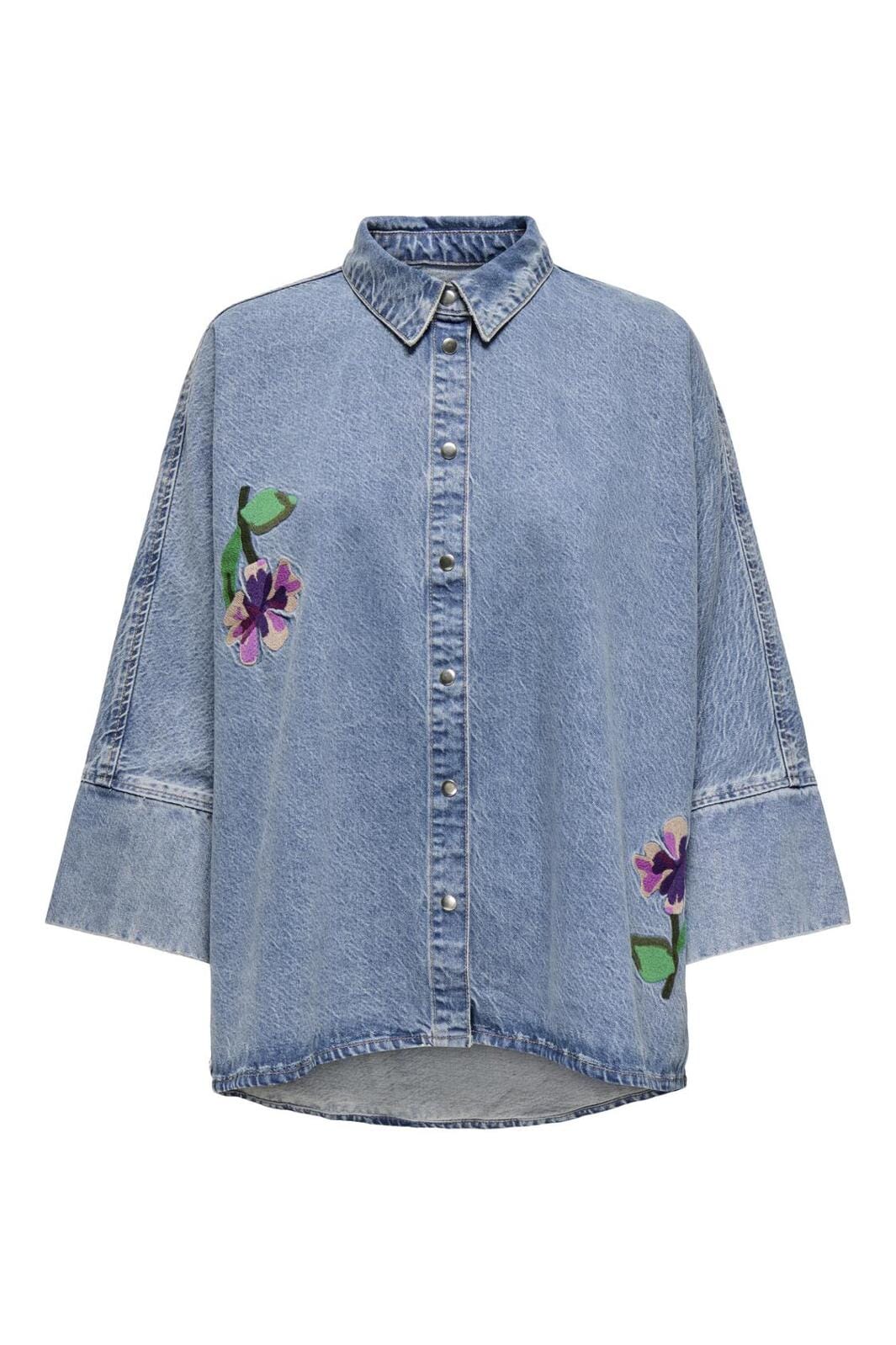 Only - Onlgrace 3/4 Slv Shirt Emb Flower - 4806283 Light Blue Denim