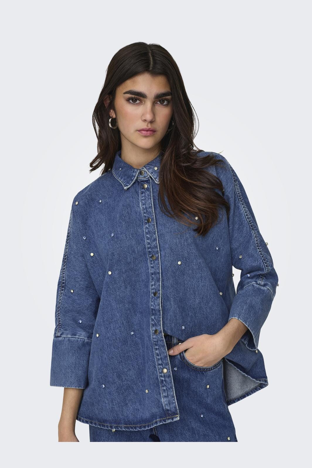 Only - Onlgrace Ls Rhinestone Shirt Cro - 4358961 Medium Blue Denim