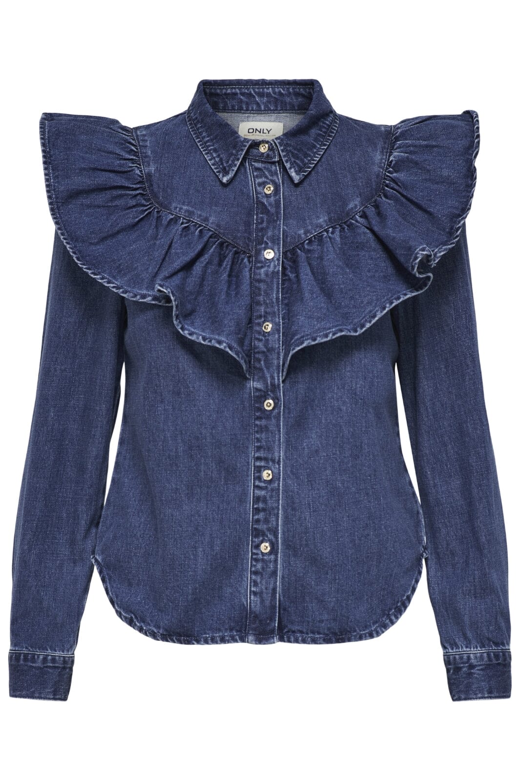 Only - Onlindigo Ls Frill Shirt Qyt - 4287142 Dark Blue Denim Skjorter 