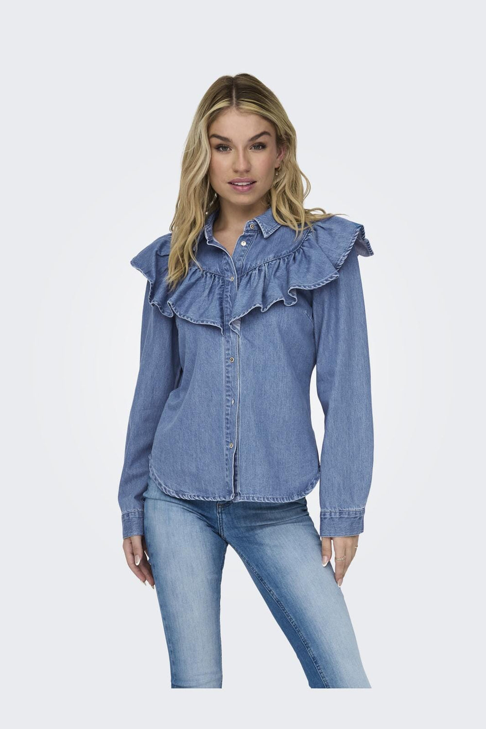 Only - Onlindigo Ls Frill Shirt Qyt - 4324886 Medium Blue Denim