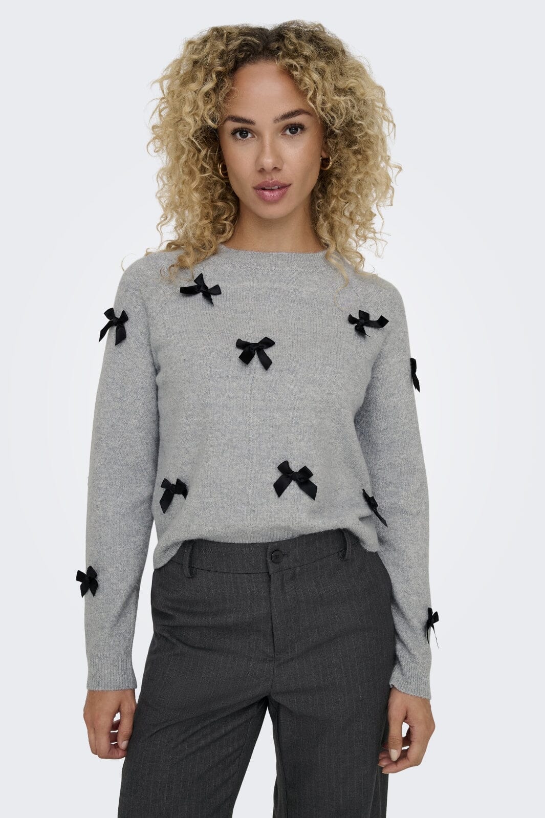 Only - Onlnoelle Life Ls Bow Pullover Knt - 4726981 Light Grey Melange W. Black Bows Strikbluser 