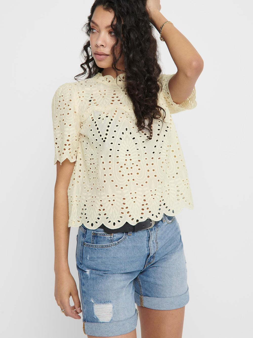 Only - Onlnyla Life Ss Anglaise Top - 3332000 Eggnog Toppe 