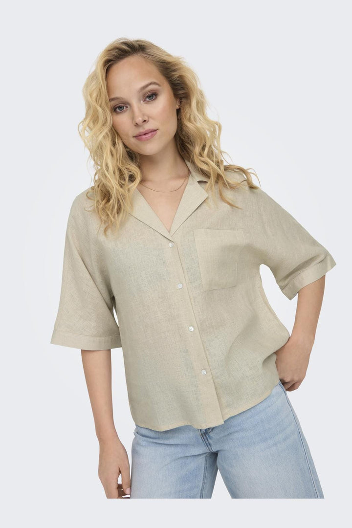 Only - Onltokyo Life Ss Linen Bl Shirt - 4414158 Moonbeam