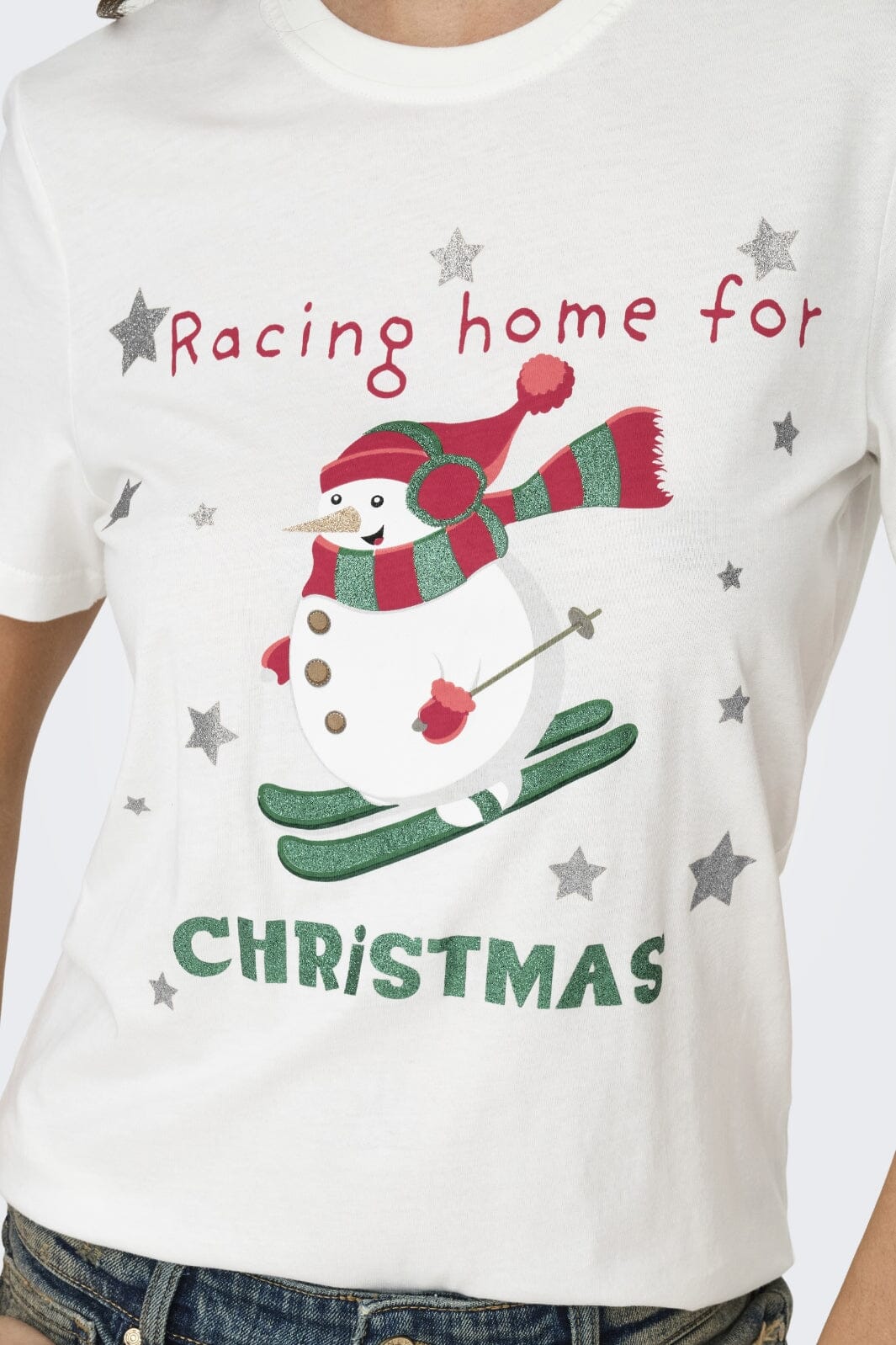 Only - Onlxmas Life Yrsa Christmas S/S Top - 4579230 Cloud Dancer Skiing Snowman T-shirts 