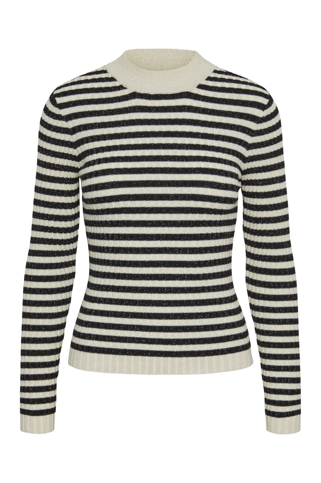 Pieces - Pccrista Ls Lurex O-Neck Knit Mm - 4546398 Birch Black Stripes / Gold Lurex