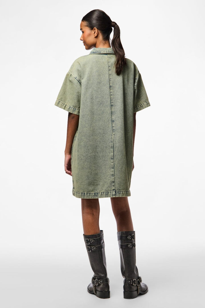 Pieces - Pcdria 3/4 Short Zip Denim Dress - 4823296 Deep Lichen Green Washed