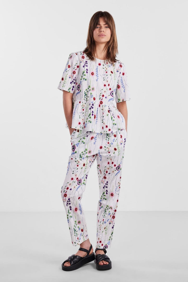 Pieces - Pcjalisa Pants - 4424090 Bright White FLOWERS Bukser 