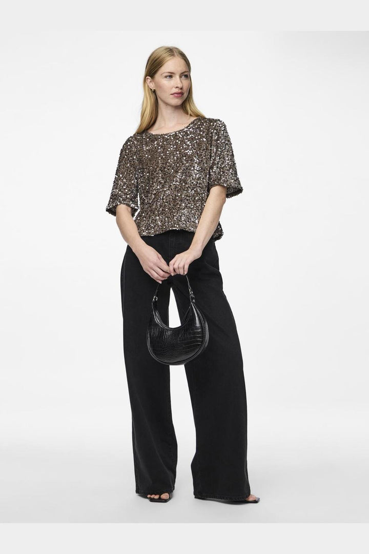 Pieces - Pckam Ss Top - 4641548 Morel Silver Sequins