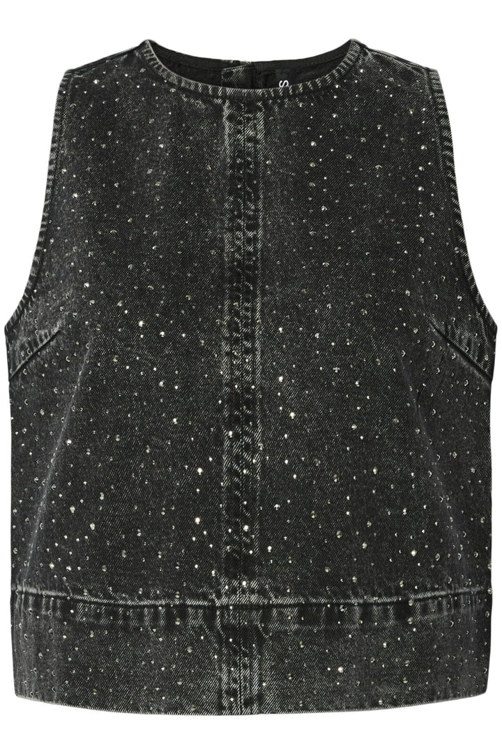 Pieces - Pcnoel Sl O-Neck Denim Top Fsy - 4831487 Black Denim Rhinestones