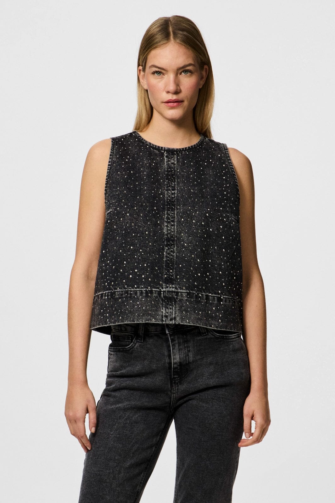 Pieces - Pcnoel Sl O-Neck Denim Top Fsy - 4831487 Black Denim Rhinestones