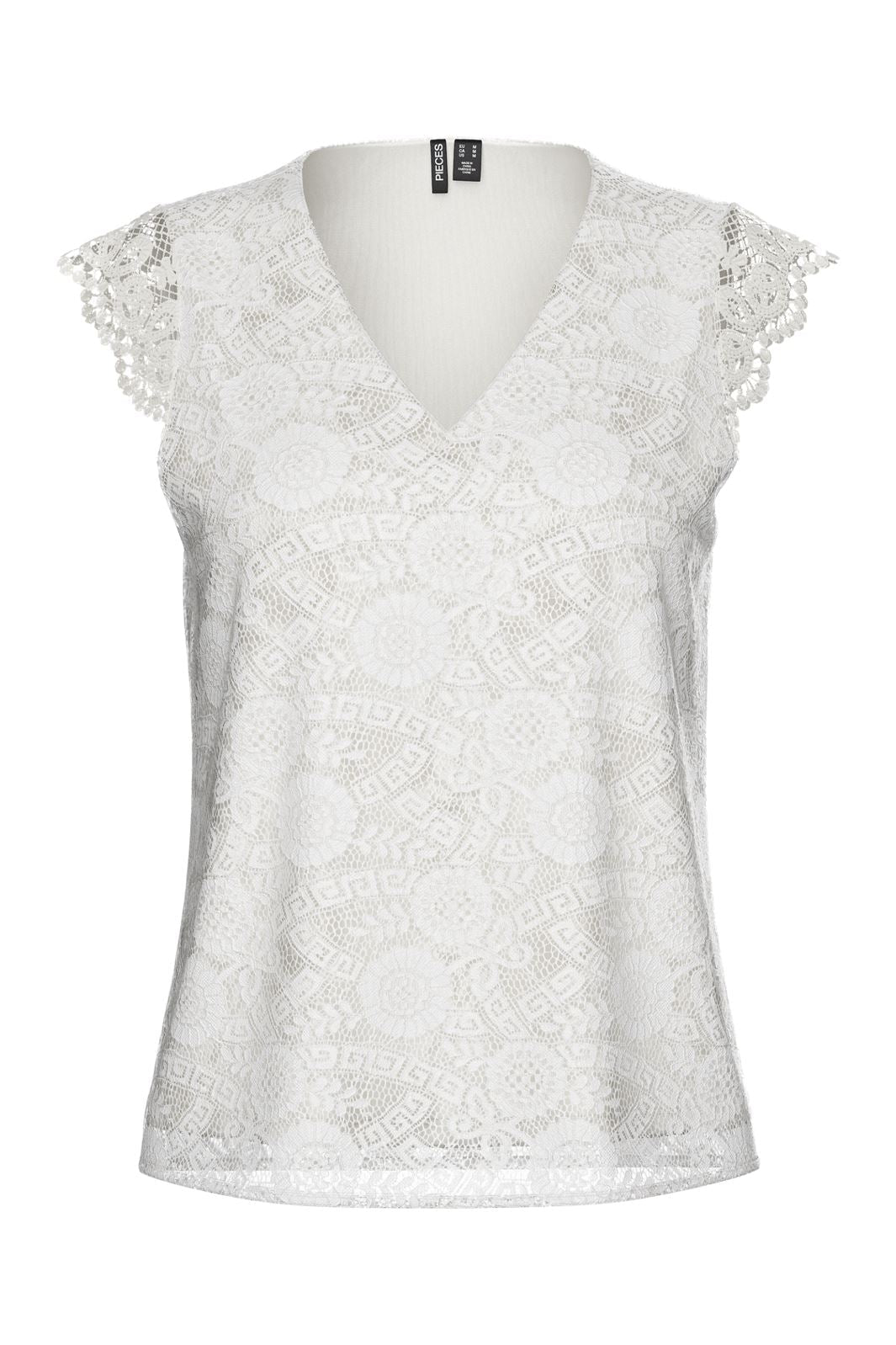 Pieces - Pcolline Sl Lace V-Neck Top 17154614 - 4642036 - Cloud Dancer