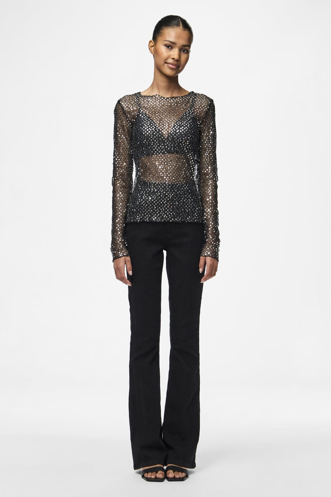 Pieces - Pcrissi Ls Sequins Top - 4610020 Black Silver Sequins Toppe 