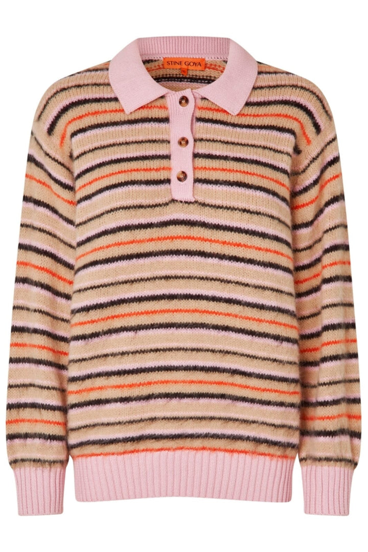 Stine Goya - 2328 Alpaca Cotton, Long Sleeve Knit Polo sg-ss25-k030-2328 - Alpaca Cream Stripes