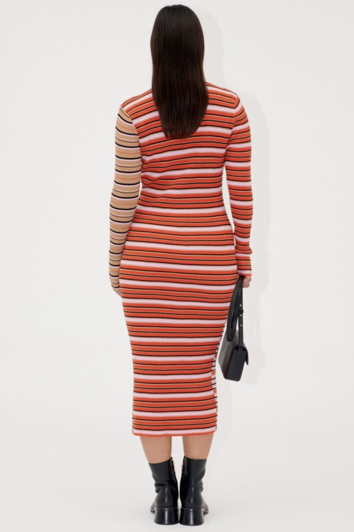 Stine Goya - 2356 Soft Rib, Long Sleeve Knit Dress W/ Slit sg-ss25-d118-2356 - Cream Stripes / Pink Stripes