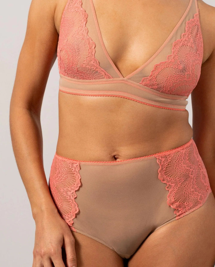 Understatement Underwear - Lace Mesh Highwaist Briefs - Coral/Sand Trusser 