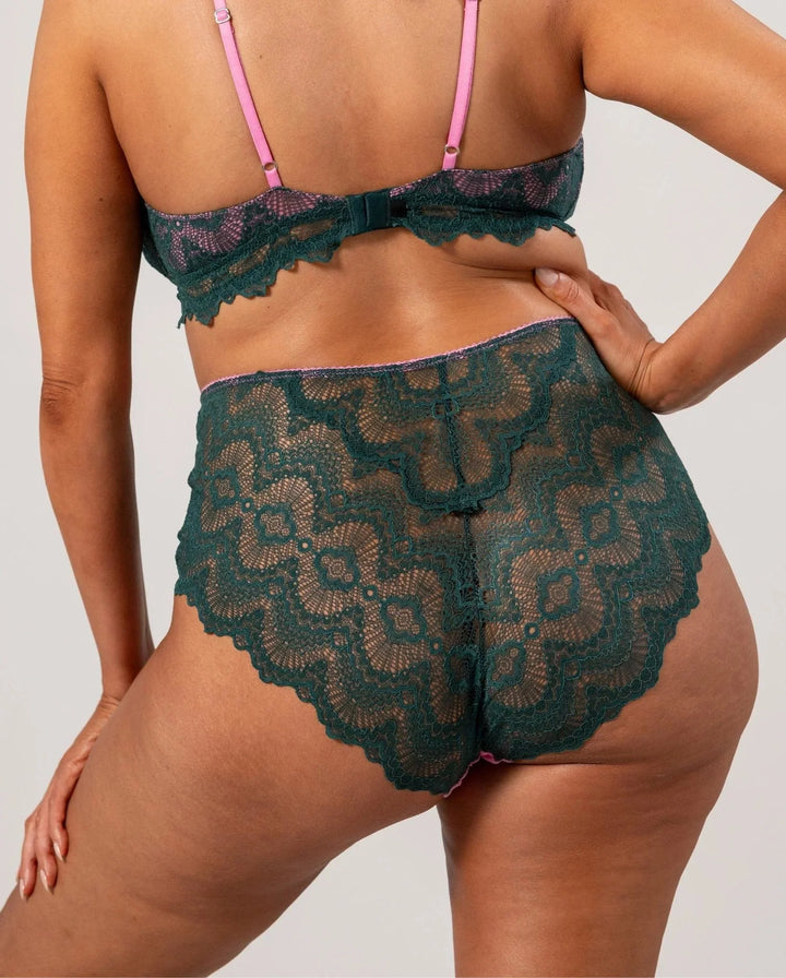 Understatement Underwear - Lace Mesh Highwaist Briefs - Pine/Candy Pink Trusser 