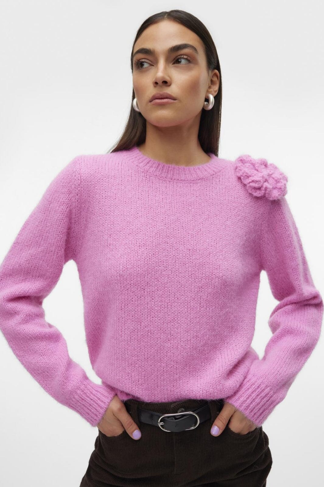 Vero Moda - Vmadia Ls O-Neck Flower Pullover - 4572643 Fuchsia Pink Strikbluser 