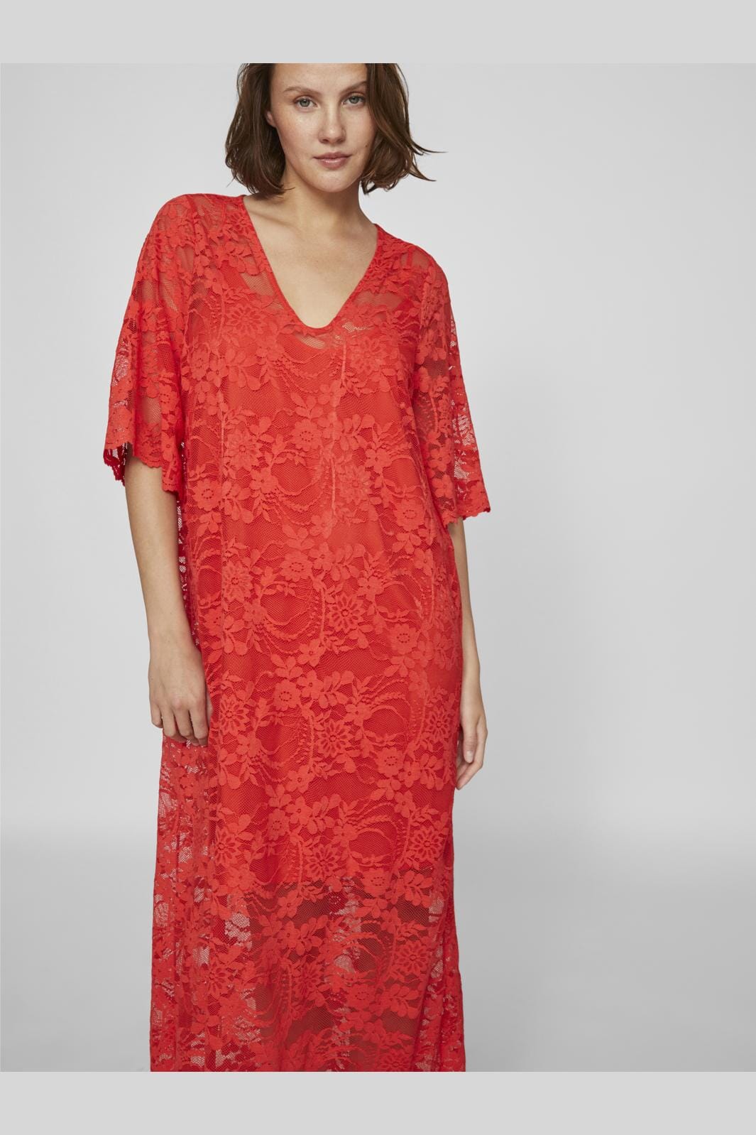 Vila - Vilorna 2/4 Lace Midi Dress - 4712155 Poppy Red