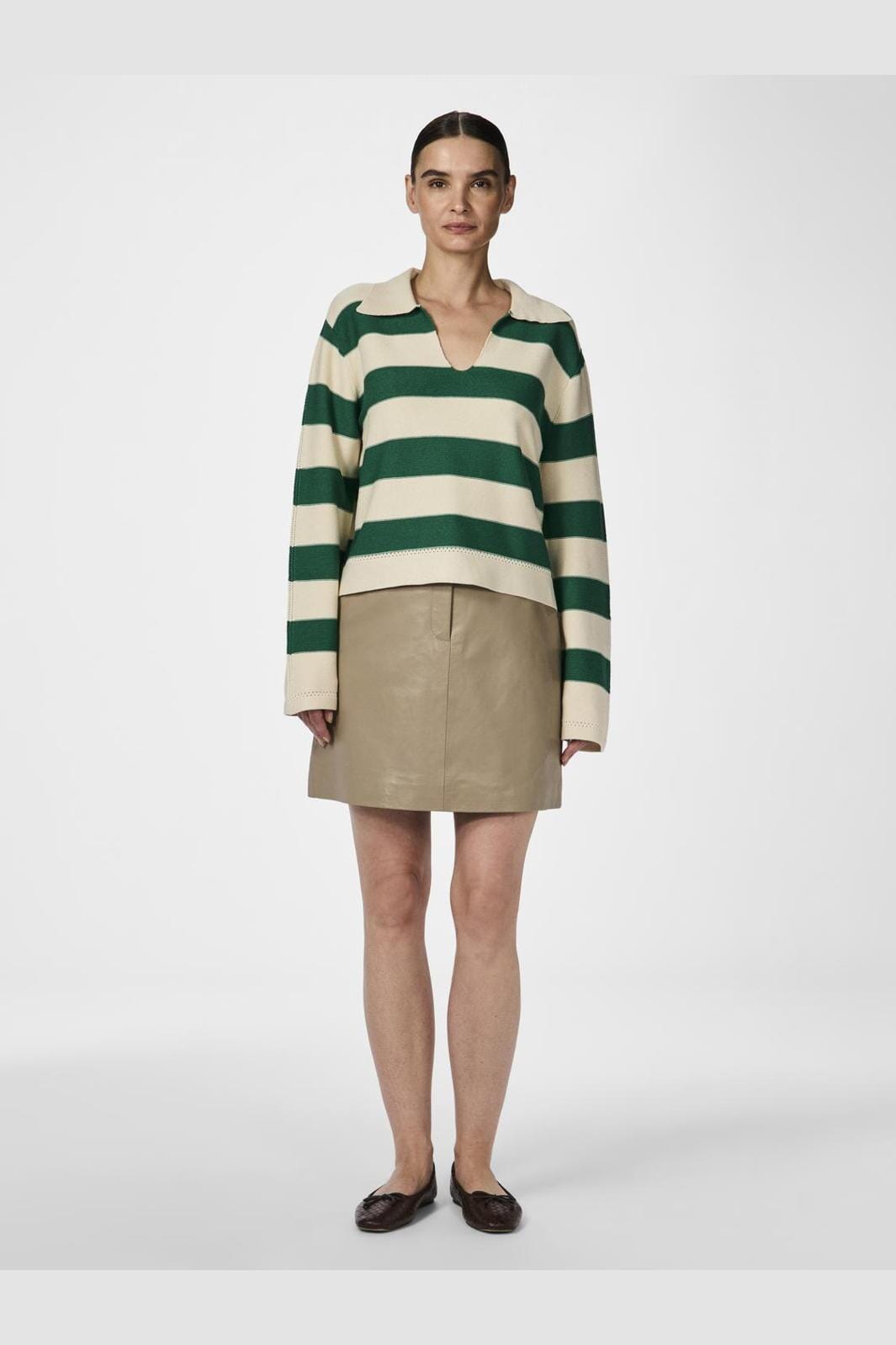 Y.A.S - Yastinka Ls Polo Knit Pullover - 4729196 Birch W. Green Stripe